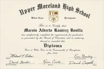 Upper Moreland High School diploma awarded to Marvin Alberto Ramirez Bonilla in June 2004